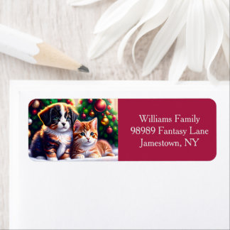 Cute puppy and cat under Christmas tree custom Return Address Label
