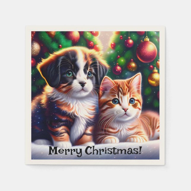 Cute puppy and cat under Christmas tree Napkin (Front)