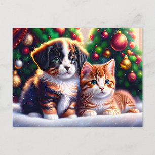 Cute puppy and cat under Christmas tree Postcard