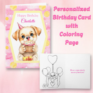 Cute Puppy and Cupcake Personalized Happy Birthday Card