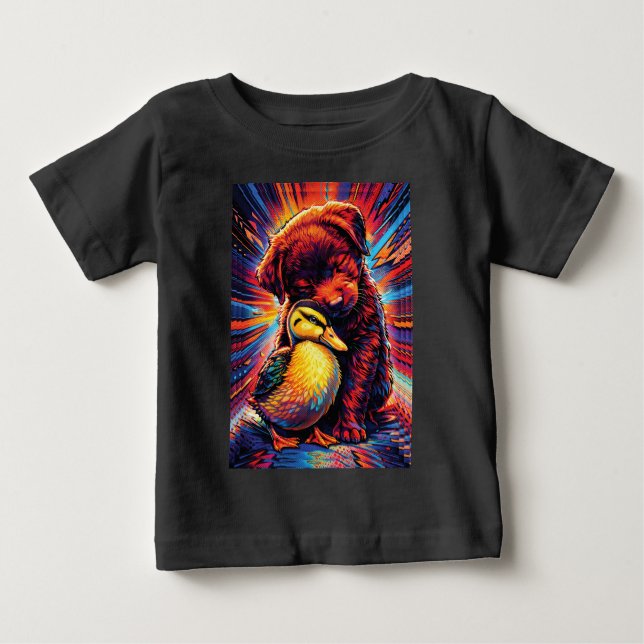 Cute Puppy and Duckling Hug Pop Art  Baby T-Shirt (Front)