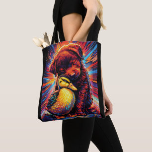Cute Puppy and Duckling Hug Pop Art Tote Bag