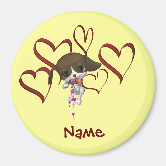 Cute Puppy And Hearts Monogram Name Personalised Magnet (Front)