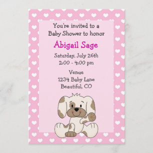 Cute Puppy and Hearts on Pink Girl's Baby Shower Invitation