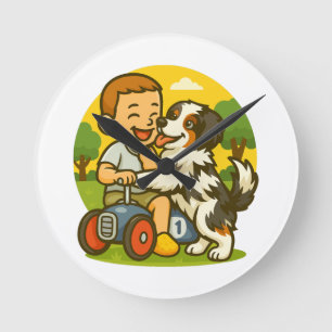 Cute Puppy and Kid Playtime Round Clock