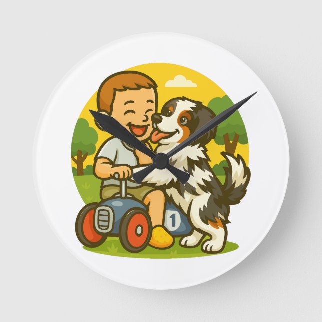 Cute Puppy and Kid Playtime Round Clock (Front)
