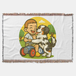 Cute Puppy and Kid Playtime Throw Blanket