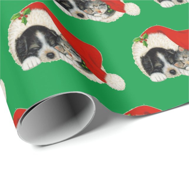 Cute Puppy and Kitten Christmas Wrapping Paper (Roll Corner)