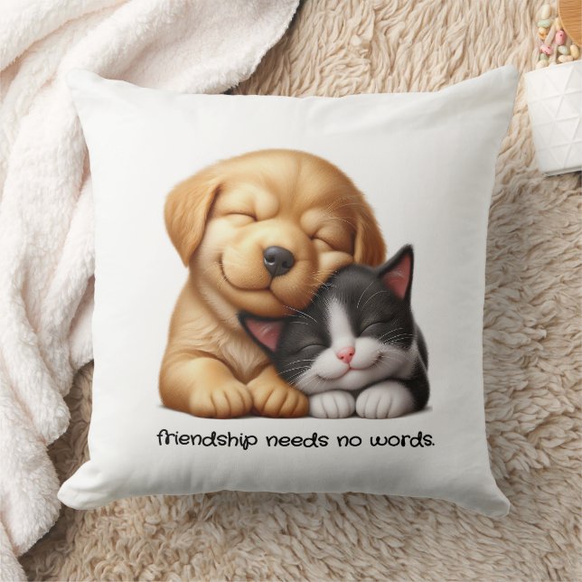 Cute Puppy and Kitten Cuddling Best Friends Cushion (Blanket)