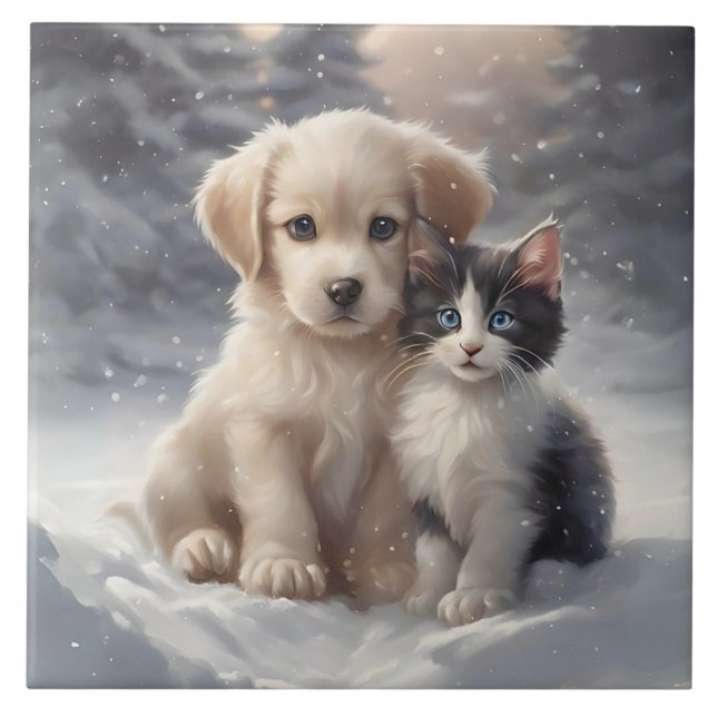 Cute Puppy and Kitten in Snow Portrait Pose Ceramic Tile (Front)