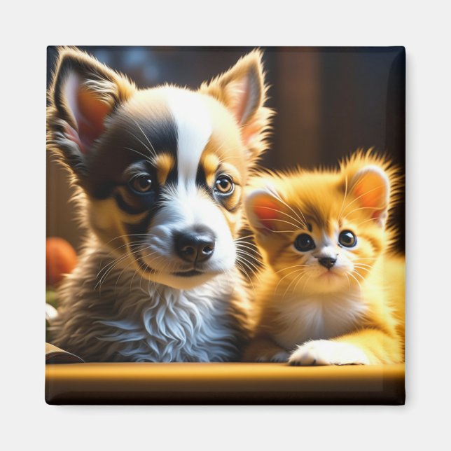 Cute Puppy and Kitten  Magnet (Front)