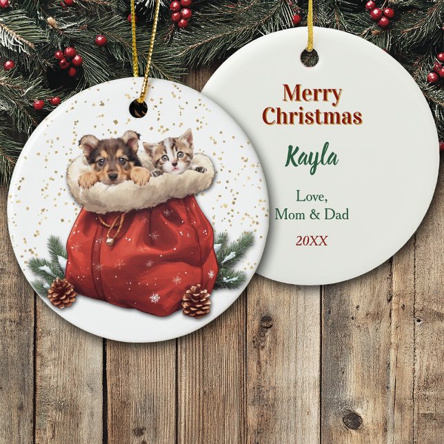 Cute Puppy and Kitty Christmas Gift Bag Ceramic Ornament (Creator Uploaded)