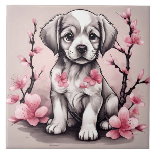 Cute Puppy and Pink Cherry Blossom Flowers Ceramic Tile