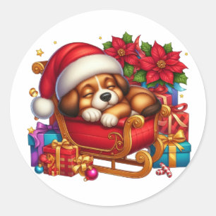 Cute Puppy and Sleigh Classic Round Sticker