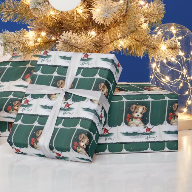 Cute Puppy at Window Christmas Day Wrapping Paper (Holidays)