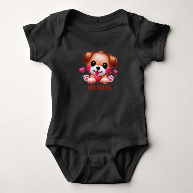 Cute Puppy  Baby Boys Personalised Valentine  Bodysuit (Front)