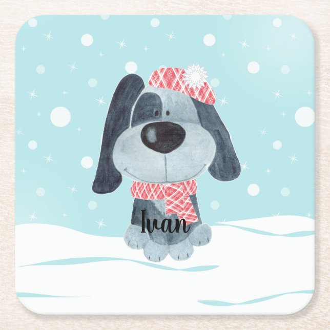Cute puppy, baby square paper coaster (Front)