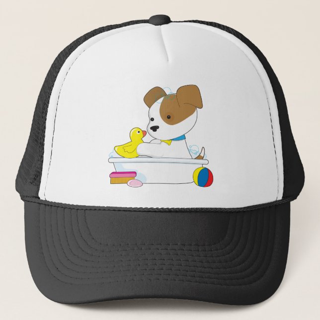 Cute Puppy Bath Trucker Hat (Front)