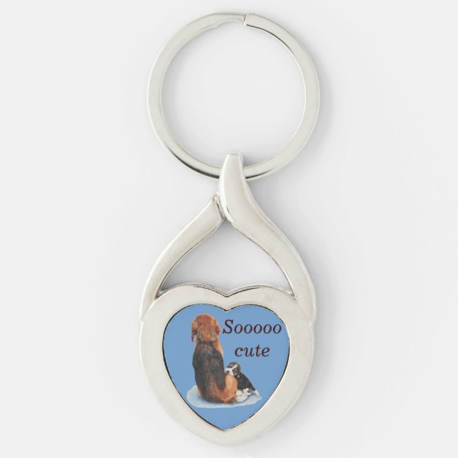 Cute puppy beagle cuddling mum dog key ring (Front)