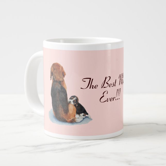 Cute puppy beagle cuddling mum dog large coffee mug (Front Left)