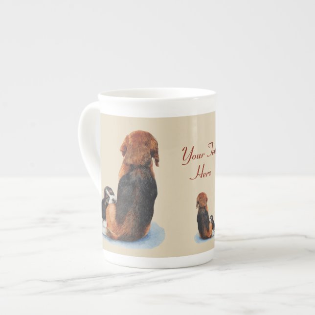 cute puppy beagle cuddling mum dog with slogan bone china mug (Front Left)