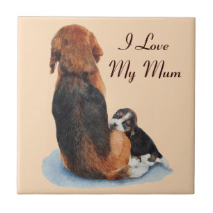 cute puppy beagle cuddling mum dog with slogan ceramic tile