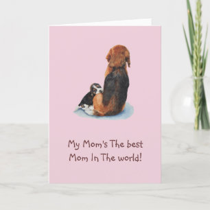 Cute puppy beagle cuddling with verse for mum   card
