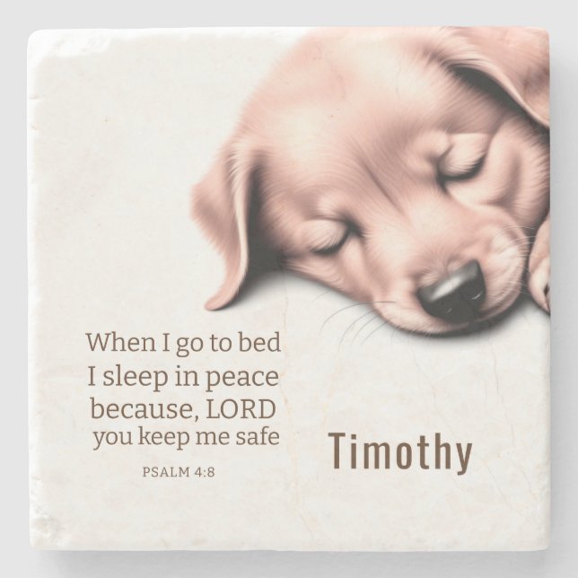 Cute Puppy Bible Psalm 4:8 Stone Coaster (Front)