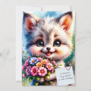 Cute Puppy Birthday Card with Flowers