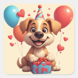 🎁 Cute Puppy Birthday Party With Balloons Square Sticker
