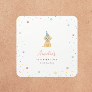 Cute Puppy Birthday Pawty Pink Square Sticker