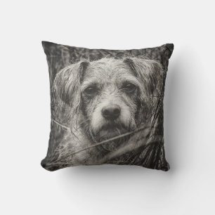 Cute Puppy Black and Whie Portrait Photograph Cushion