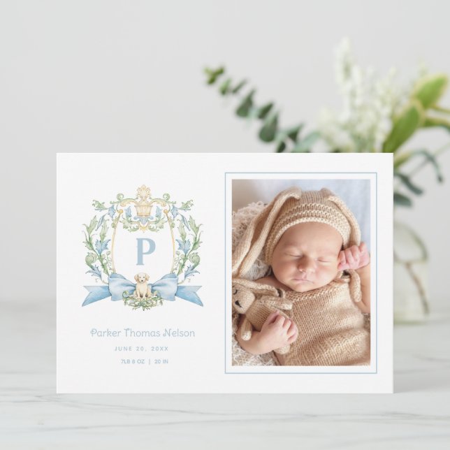 Cute Puppy Blue Ribbon Crest | Baby Boy Announcement (Standing Front)