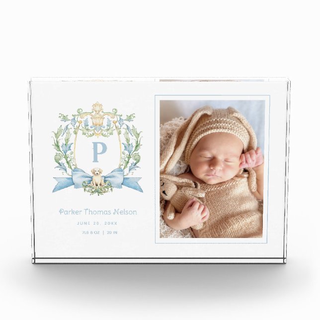 Cute Puppy Blue Ribbon Crest | Baby Boy Wall Art Photo Block (Front)