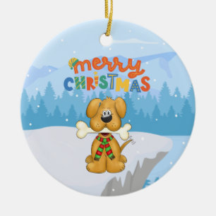 Cute Puppy Bone Snow Christmas Ceramic Ornament