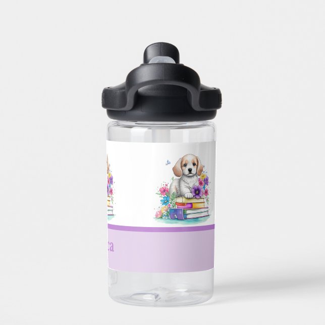 Cute Puppy Books & Colourful Flowers Water Bottle (Back)