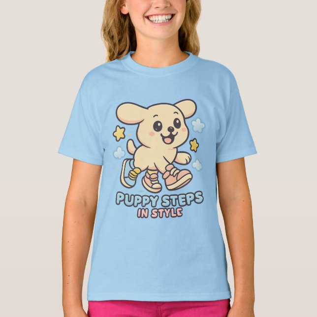 Cute Puppy Cartoon Girls T-Shirt Fun Dog (Front)