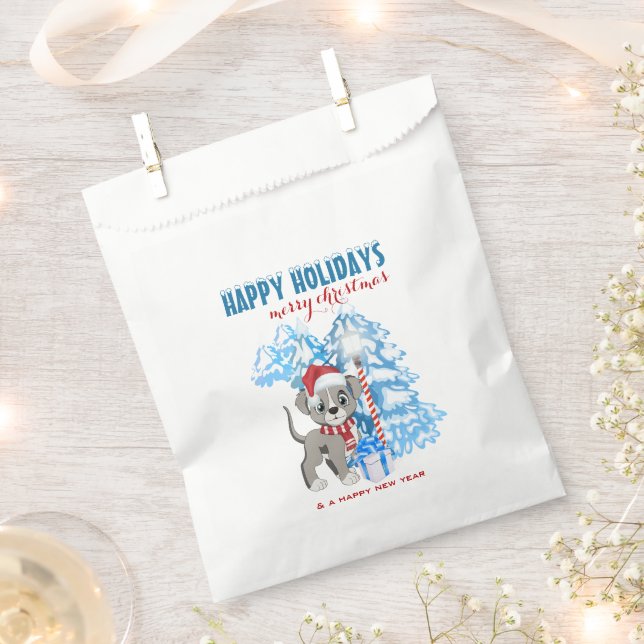 Cute Puppy Cartoon Snowy Christmas Holidays Favour Bag (Clipped)
