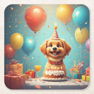 Cute Puppy Celebrating Birthday Party With Cake Square Paper Coaster