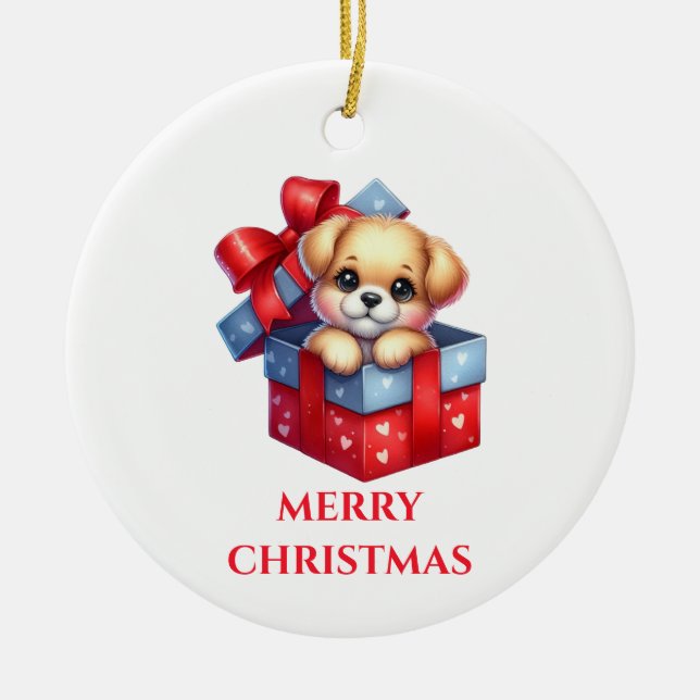 Cute Puppy Christmas Ceramic Ornament (Front)