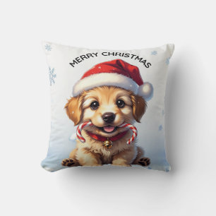 Cute Puppy Christmas Golden Retriever Holiday Cushion