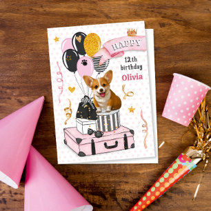Cute Puppy Corgi with Balloons Happy Birthday Holiday Card