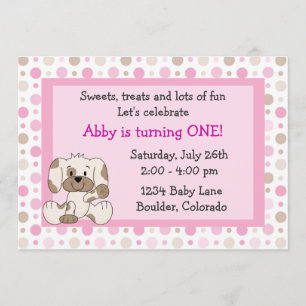Cute Puppy Dog 1st Birthday Invitation for Girls