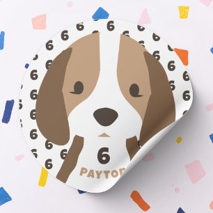 Cute Puppy Dog Age & Name Kid's Birthday Party Classic Round Sticker