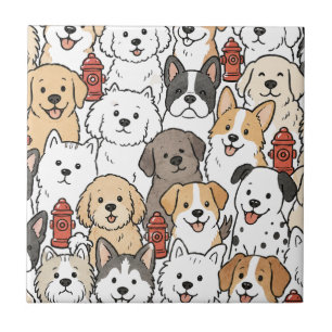 Cute Puppy Dog and Fire Hydrant Ceramic Tile