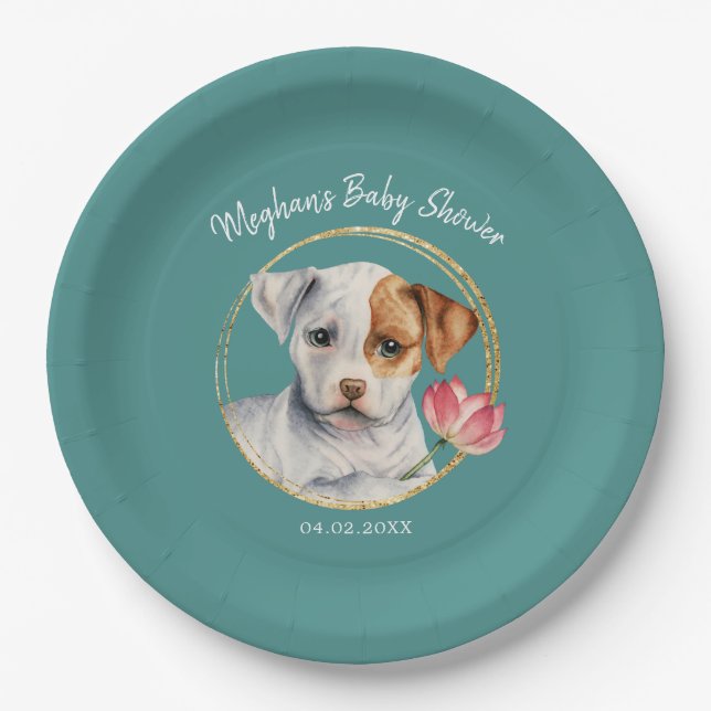 Cute Puppy Dog Baby Shower Teal Paper Plate (Front)
