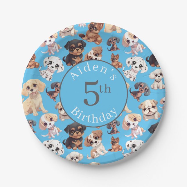 Cute Puppy Dog Birthday Blue Paper Plate (Front)