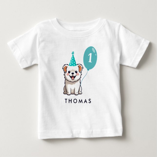 Cute Puppy Dog Birthday Boy Blue Balloon Baby T-Shirt (Front)