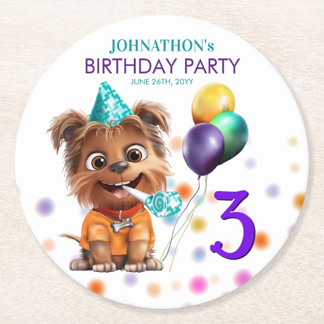 Cute Puppy Dog Birthday Party Round Paper Coaster (Front)