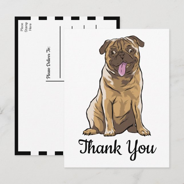 Cute Puppy Dog Black White Cartoon Pug Thank You  Postcard (Front/Back)